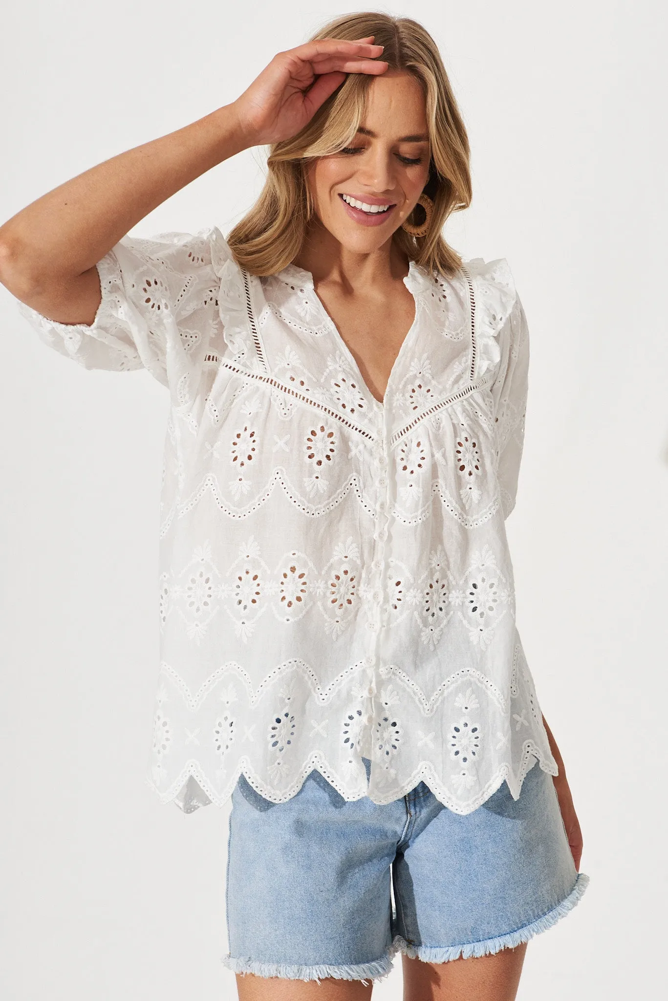 Angelina Shirt In White Cotton Broderie