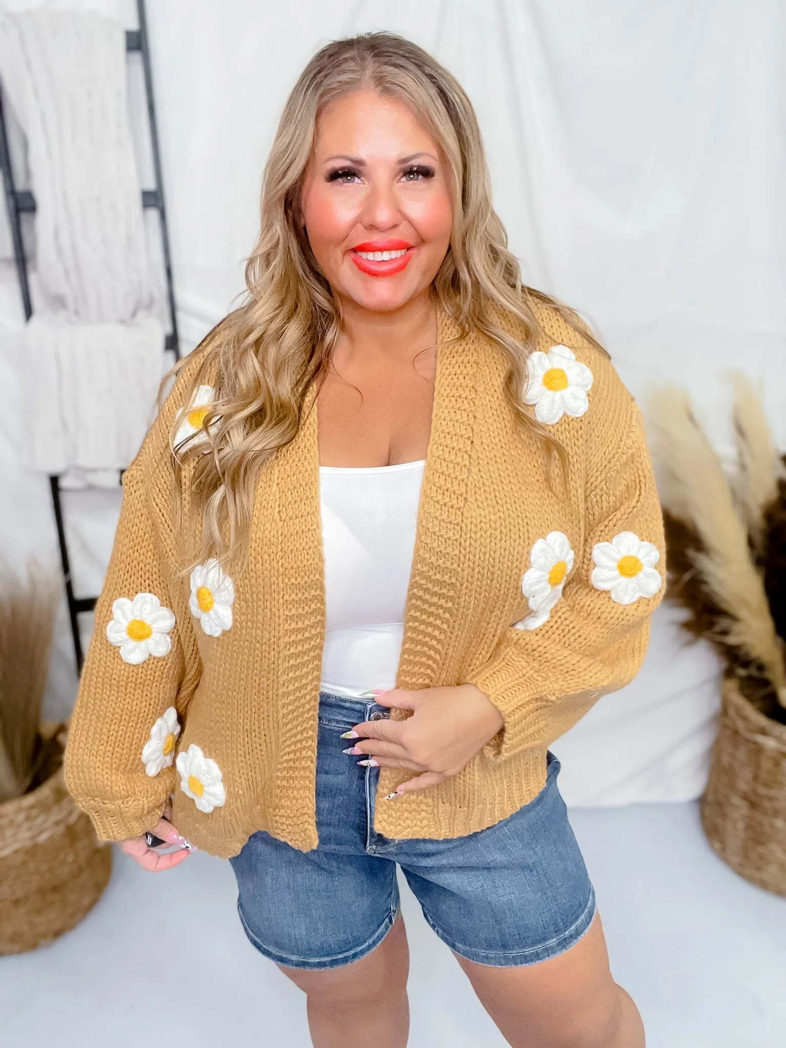 Knit Cardigan with Daisies in Camel Brown