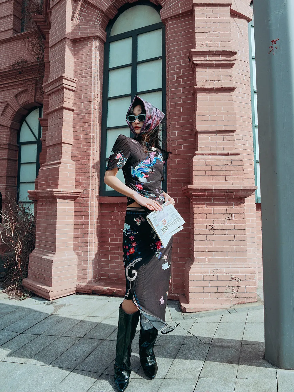 MUKZIN Chinese Style Printed Slit Skirt