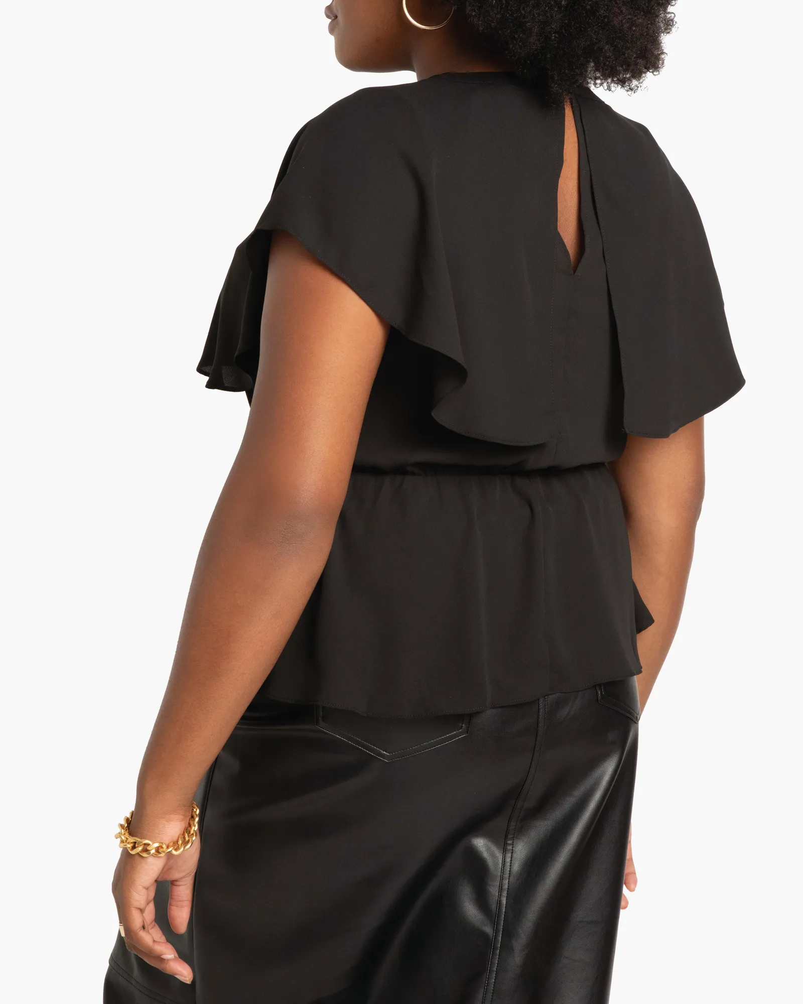 Sara Peplum Cape-Sleeve Blouse | Black
