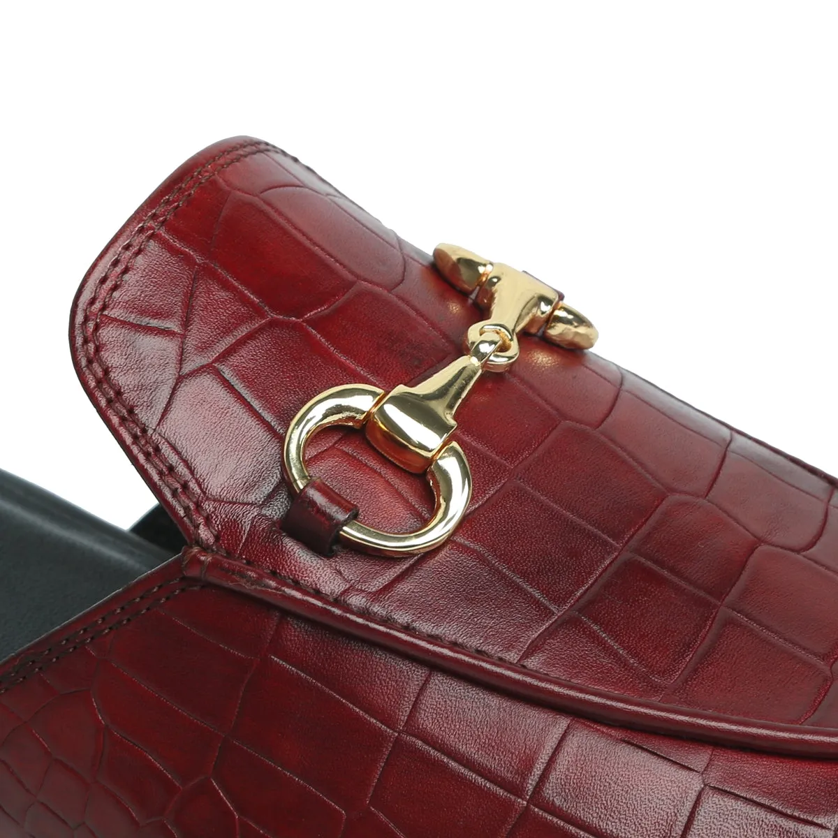 Wine Horse-bit Detailing Mules in Deep Cut Croco Textured Leather