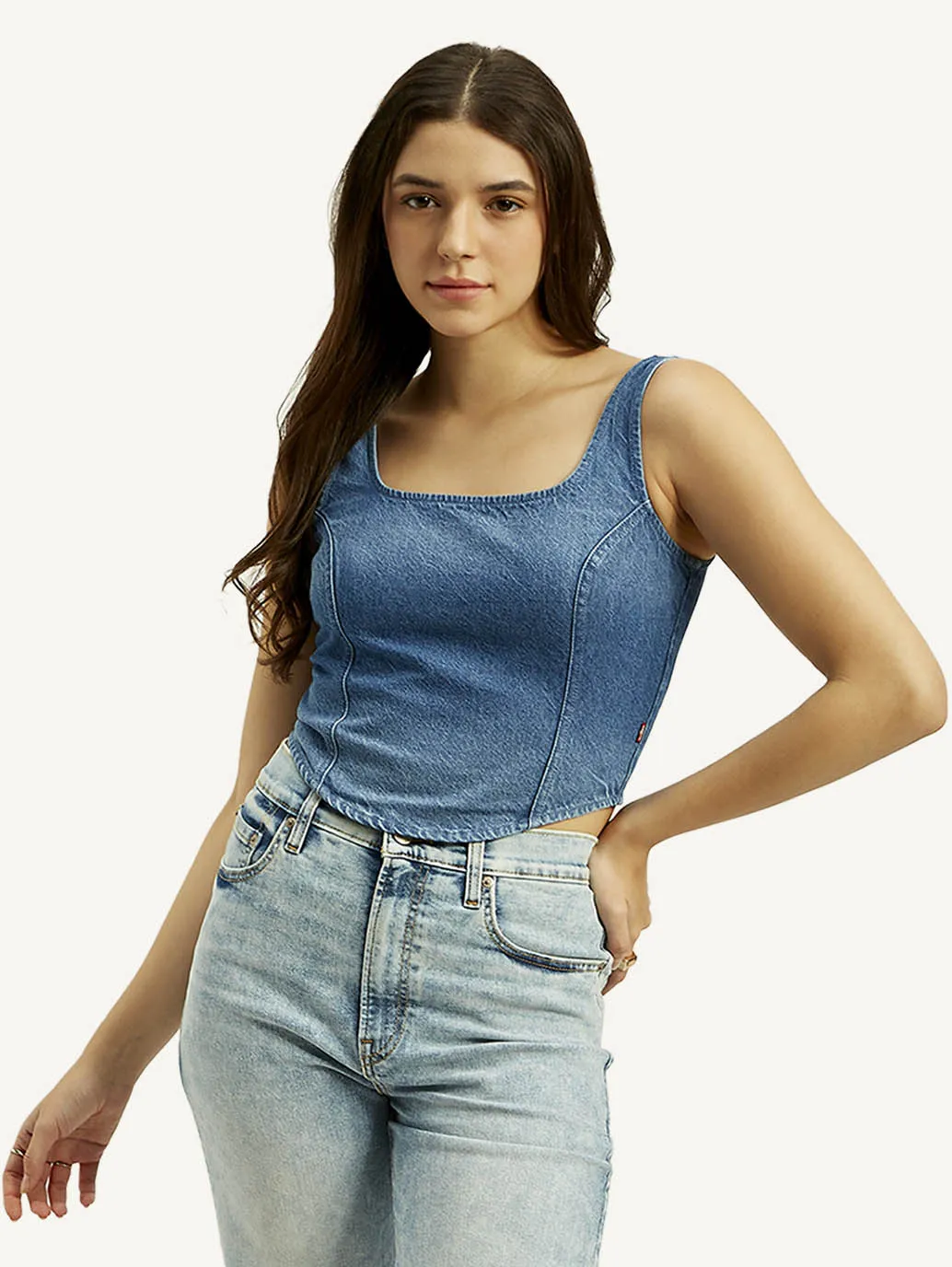 Women's Solid Blue Square Neck Top